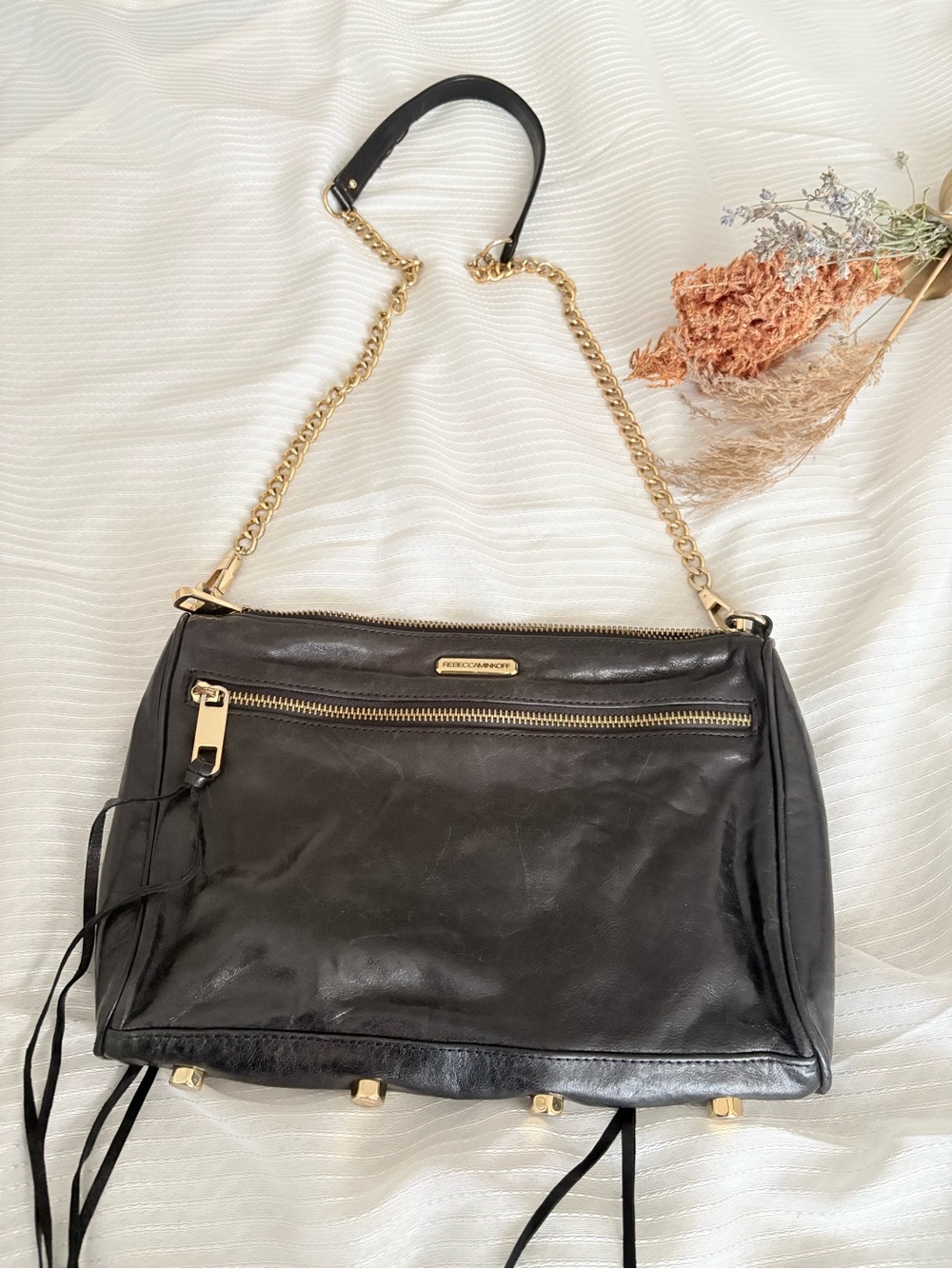 Rebecca Minkoff Black Leather Shoulder Bag with Gold Hardware